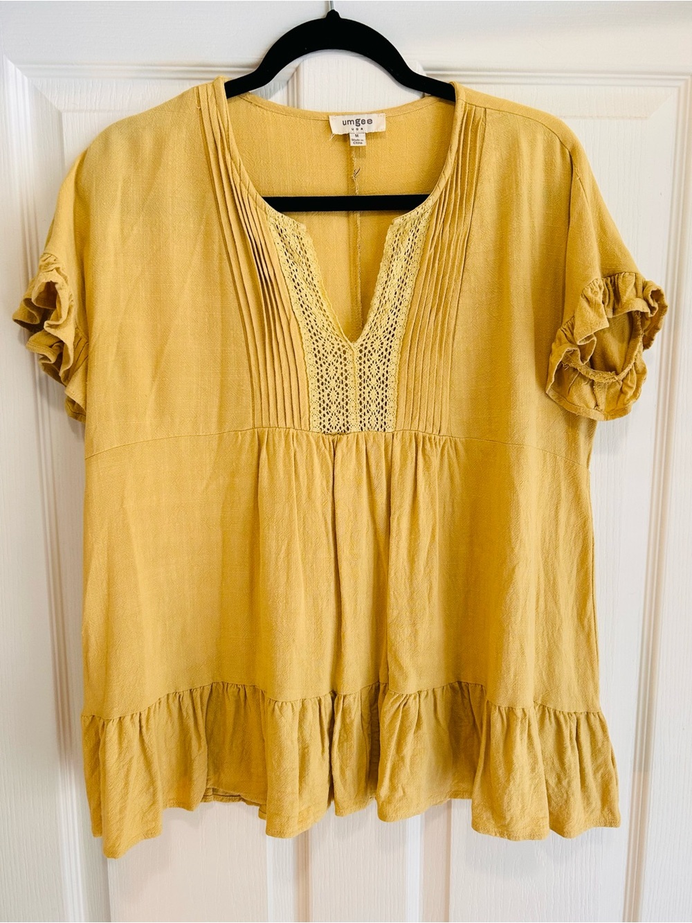 Umgee Mustard Crochet V-Neck Ruffle Tunic